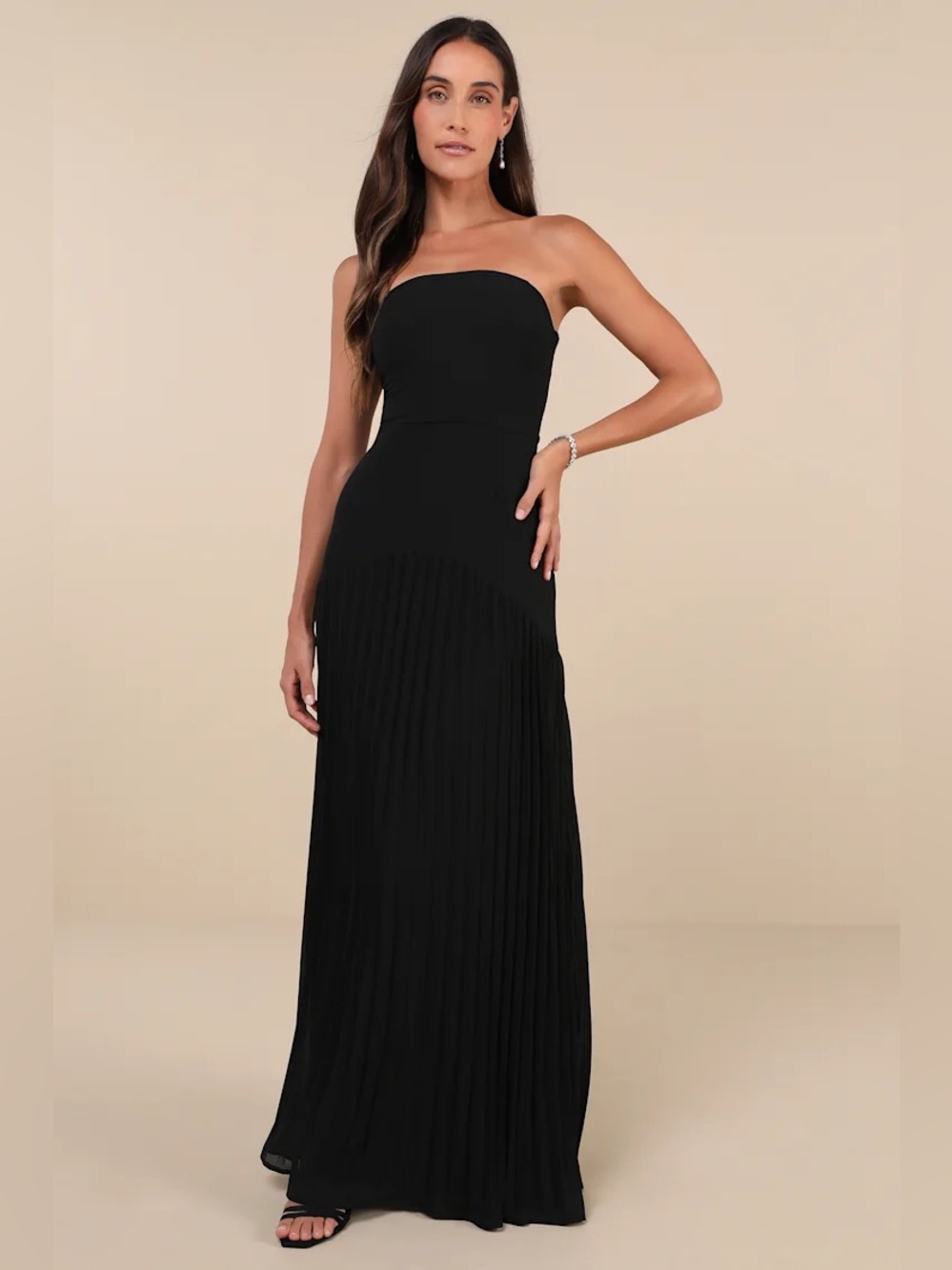 Lulus Celebratory Aesthetic Black Pleated Strapless Maxi Dress medium nwt